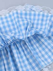 Women Y2K Mini Gingham Skirt Short Fairy Princess Dress Ruffle Lace Trim Plaid Micro Skirt Maid Pleated A-Line Mini Skirt ﻿ - 藍色 - 查看 6