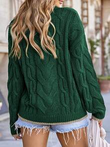 Sweaters For Women Crewneck Long Sleeve Color Block Sweater Tops Fall 2025 Chunky Cable Knit Pullover Sweaters Womens Plain Rib Knit Hem Regular Length Pullover Sweater With Drop Shoulder Long Sleeves For Everyday Wear - Dark Green - View 5