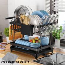 Rustproof Stainless Steel Dish Drying Rack, 2-Tier Large Dish Rack For Kitchen Countertops, Dish Rack With Drainer Plate, Dish Drainer With Utensil Holder And Cup Holder, Dish/Knife/Cup/Cutting Board, Black