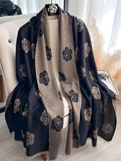 1pc Elegant High-End Camellia Floral Jacquard Gold Line Long Scarf For Women, Spring/Autumn, Versatile Fashion Decoration Scarf, Suitable For Air-Conditioned Rooms, Shawl For Daily Wear And Outings For Dress