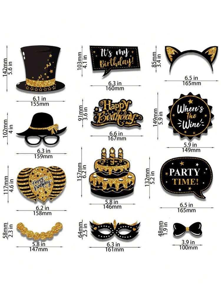 38 st guldglitter födelsedagsram fotobåsrekvisita för män kvinnor födelsedagsfestdekoration, födelsedagsfestdekor fotobås, roliga och söta högtidsfödelsedagsfesttillbehör (guld och svart) - Multifärgad - Visa 5