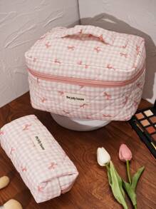 1 Piece Pink Plaid Cosmetic Bag, Bow Pattern, Girly Heart Design, Multifunctional Cosmetic Storage Pouch Portable Cosmetic Brush Clutch Bag With Zipper Closure, Ready For Lipstick