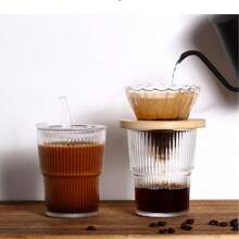 1pc Summer Fashion Striped Glass Water Cup, Reusable Beverage Glass With/Without Lid, Thickened Glass Suitable For Iced Coffee, Smoothie, Cocktail And Juice, Elegant And Durable Drinkware