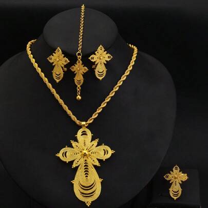 Classic Cross Jewelry Set, Including Golden Color Pendant Necklace, Ring, Earrings, And Headchain, Traditional Middle Eastern Saudi Arabian Bride Wedding Gift