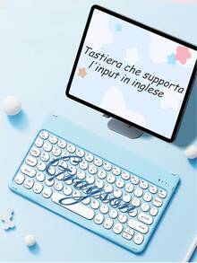 Teclado inalámbrico personalizado para tableta, personalización de nombre, diseño estilizado multilingüe (inglés/árabe/francés/alemán/tailandés/italiano/español), teclado con texto personalizado para tableta, diseño silencioso curvo, compatible con smartphones de 10 pulgadas, portátiles e iPad, otras tabletas, compatible con 3 sistemas operativos, adecuado como regalo de cumpleaños para chicas, parejas, familia y amigos - Azul - Ver 1