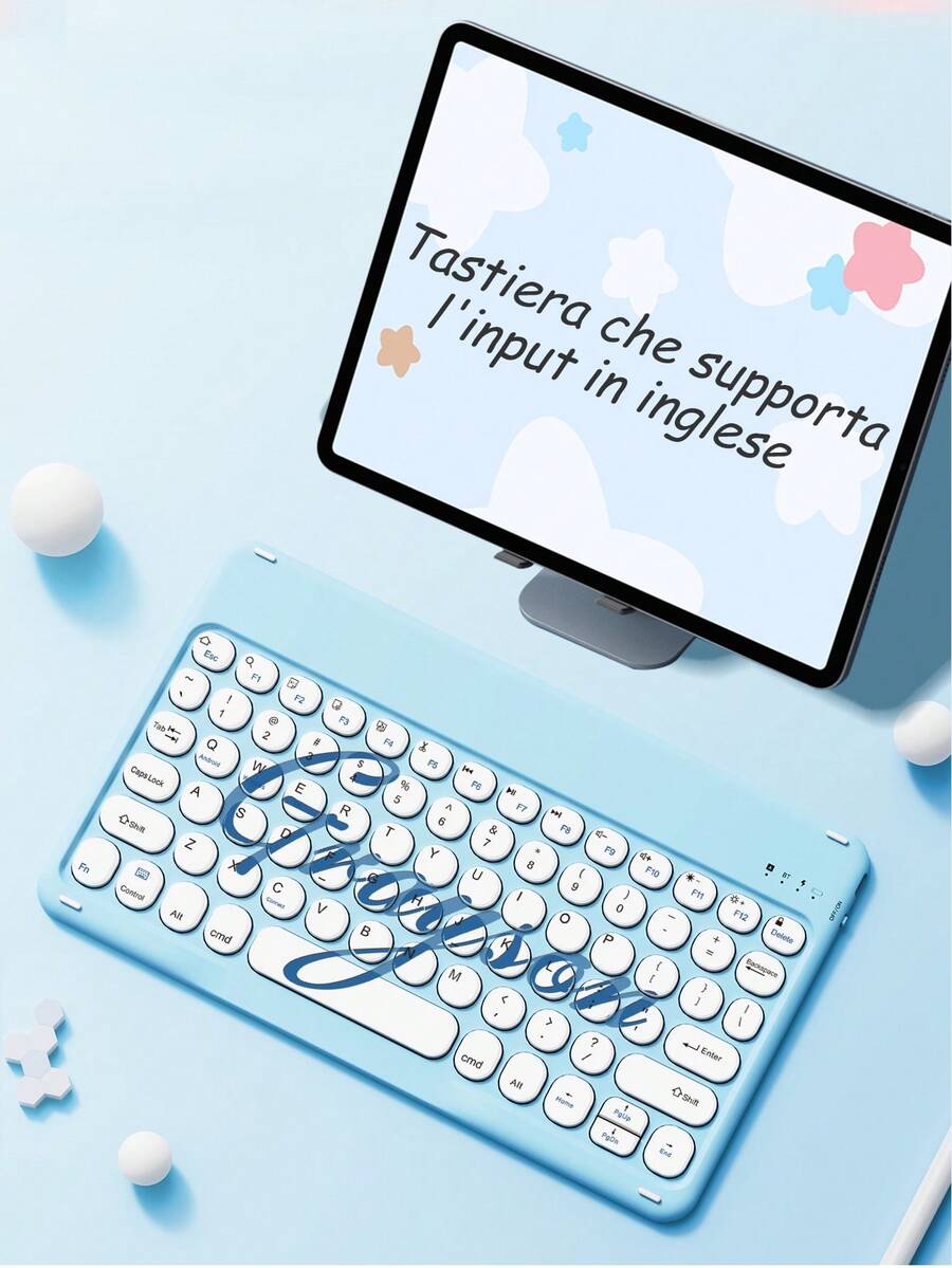 Teclado inalámbrico personalizado para tableta, personalización de nombre, diseño estilizado multilingüe (inglés/árabe/francés/alemán/tailandés/italiano/español), teclado con texto personalizado para tableta, diseño silencioso curvo, compatible con smartphones de 10 pulgadas, portátiles e iPad, otras tabletas, compatible con 3 sistemas operativos, adecuado como regalo de cumpleaños para chicas, parejas, familia y amigos - Azul - Ver 1