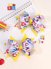 2 件装开学大号蝴蝶结发饰，适合女士女孩铅笔苹果字母印花蝴蝶结鳄鱼夹开学第一天发夹可爱甜美发夹新学期发夹女士发饰，扁平爪夹，发夹，发夹