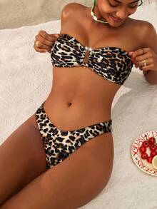 Swim Vcay 女士夏季海滩度假豹纹褶皱胸围比基尼套装