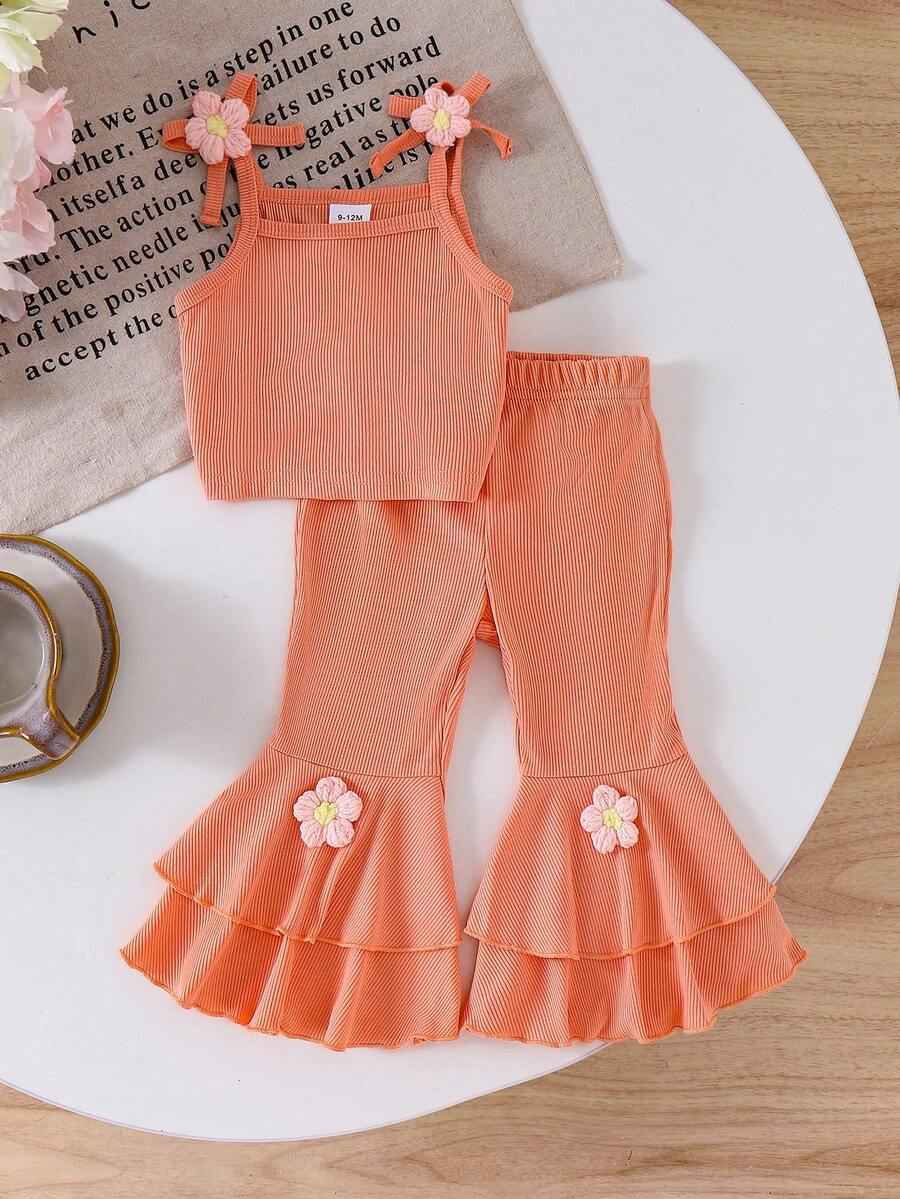 2 件套女婴花卉吊带背心和多层荷叶边喇叭裤套装，时尚可爱的夏季服装 - 粉色 - 查看 1