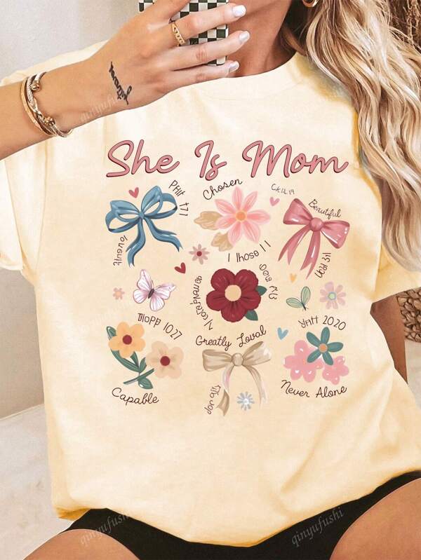 Printed Girl's Bow-Tie Floral Letter Pattern Off-Shoulder Loose T-Shirt Women's Top, Sweet Shirt