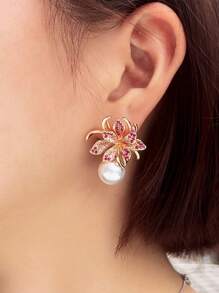 1 par de aretes de lujo con flores y perlas, joyería nupcial chapada en oro amarillo con CZ rosa roja para mujeres, accesorio para bodas, compromisos, banquetes y fiestas para novias, damitas de honor y madres