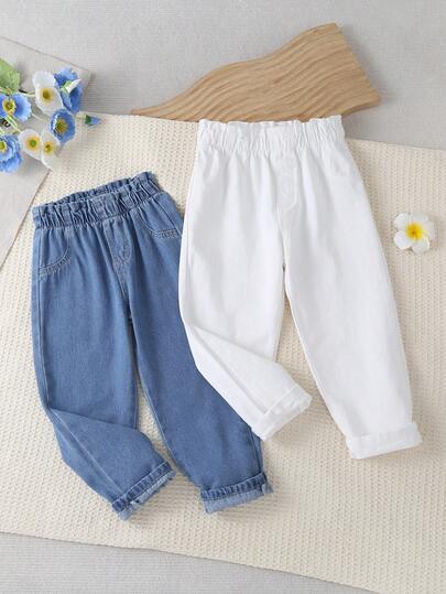 2pcs/Set Girls Jeans, Casual Floral Waist Children Denim Pants