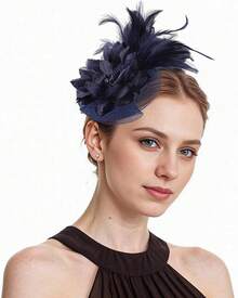 Fascinators Hats Women,Tea Party Fascinator Hair Clip With Feathers Wedding,Derby Hats Headbands - 款式1-深藍色 - 查看 2