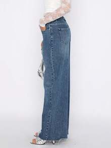 Women's Wide Leg High Waisted Raw Hem Loose Baggy Jeans Denim Pants - Màu xanh lam - Xem 4