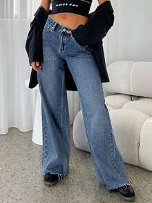 Women's Wide Leg High Waisted Raw Hem Loose Baggy Jeans Denim Pants - Màu xanh lam - Xem 5