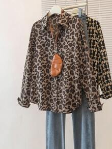 YUXIN Camisa feminina retrô com estampa de leopardo, primavera-verão, gola virada para baixo, manga comprida, solta, para uso diário/social leve, blusa fashion slim respirável - Caqui - Ver 2