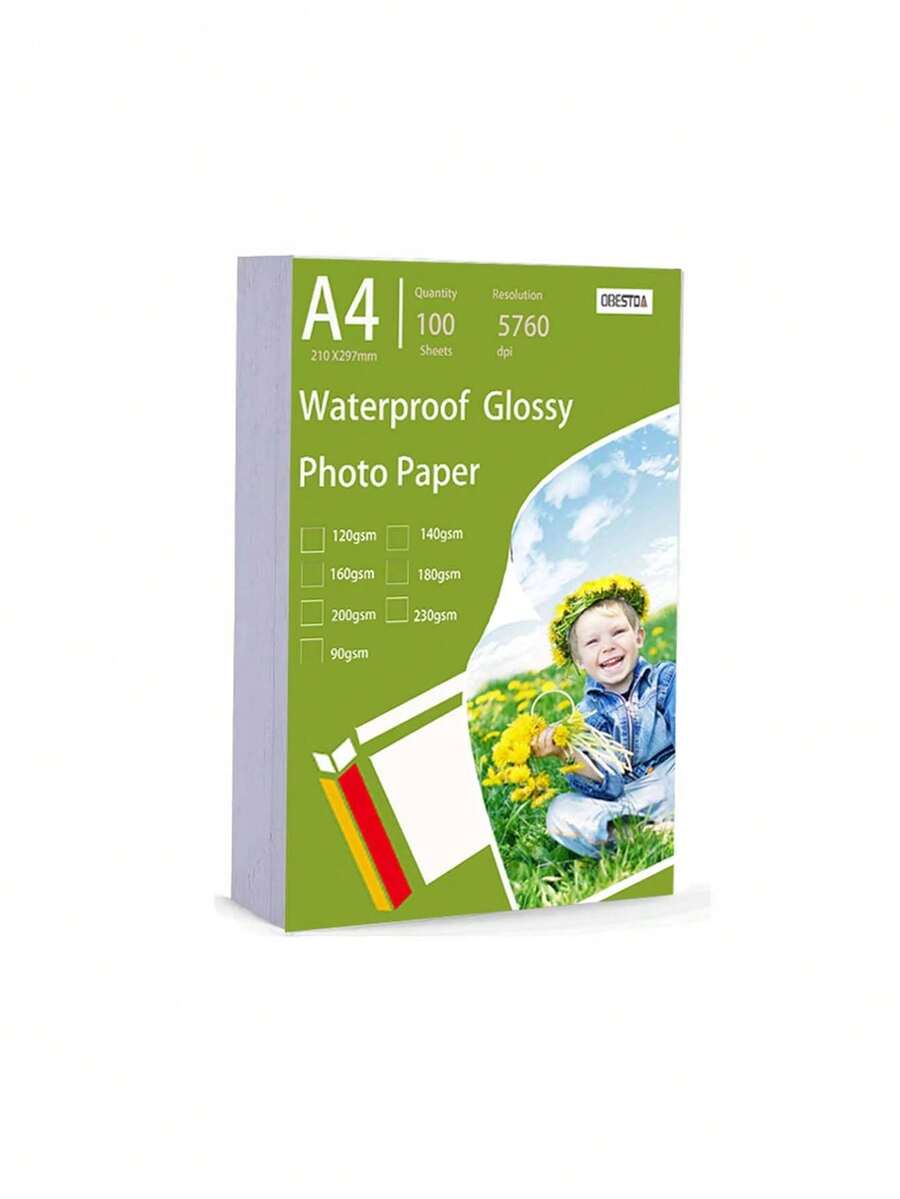 100 张 A4 120gsm 高光相纸 - 防水、防油、防刮、单面适用于喷墨打印机单面照片白卡纸学校用品，返校 - 白色 - 查看 1