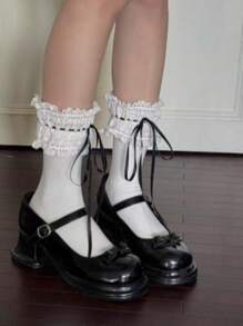 1 par de calcetines cortos de mujer con decoración de cinta estilo japonés lindo