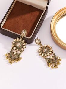 1 Pair Of Zinc Alloy Retro And Fashionable Women's Earrings With Colored Water Rhinestones Imitating Pearls, Classic Stud Earrings, Colored Rhinestone Birdcages, And Heavily Crafted Stud Earrings For Daily Use, Parties, And Vacations