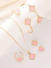 6 Pcs Clover Earring Necklace Bracelet Bangle Ring Jewelry Set For Women