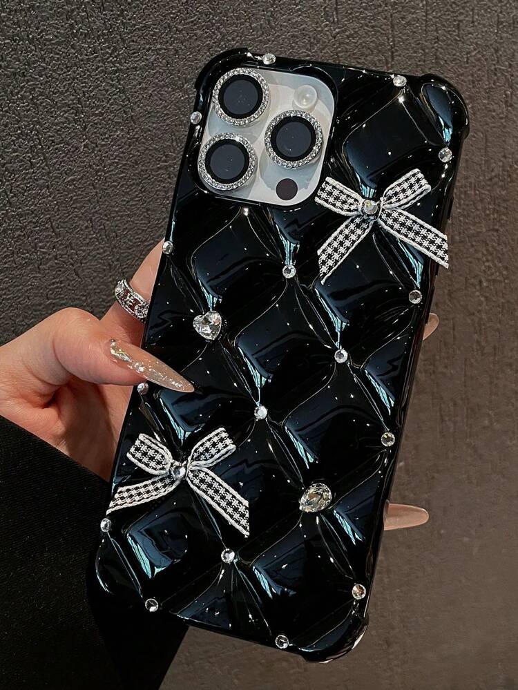 グリッターダイヤモンド 蝶結び スマホケース iPhone 17 16 15 14 13 12 11 Pro Max対応 ソフトTPU 耐衝撃 ハンドメイド プラス 16E 保護カバー - ブラック - 見る 4