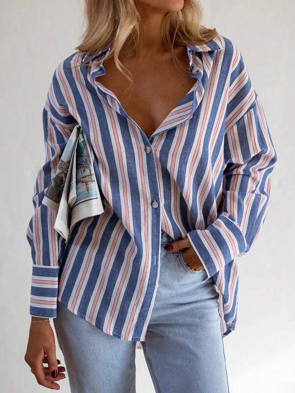 Camisa de manga larga a rayas básica para mujer, blusa casual para el transporte en otoño/invierno