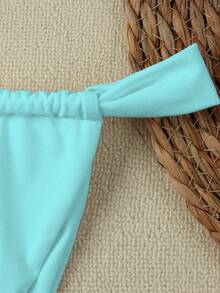 新款春夏性感优雅纯色无肩带比基尼泳衣，适合海滩、度假、派对、约会等场合。 - 藍色 - 查看 4