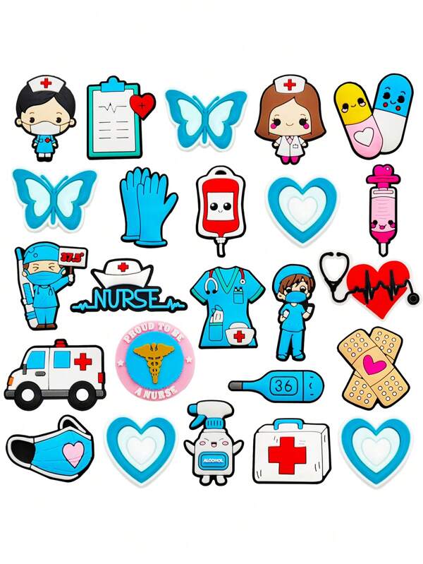 24 stuks uit de Blue Medical Care-serie, PVC-schoenaccessoires met een blauw medisch thema, met cartoonafbeeldingen van verpleegkundigen en artsen, evenals medische zorgelementen zoals stethoscopen, ambulances, medicijndoosjes en thermometers.