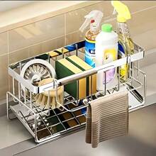 1 pièce Rangement pour évier de cuisine avec porte-serviettes et plateau d'égouttage automatique, support pour éponge. Organiseur et rangement pour évier de cuisine en acier au carbone anti-rouille. Accessoires d'évier de cuisine.