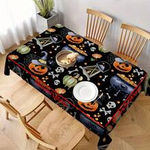 1pc Rectangular Tablecloth With Whimsical Halloween Theme, Colorful Skull, Ghost, Pumpkin Elements, Suitable For Daily Home, Living Room, Dining Room, Theme Party Events, Washable And Reusable