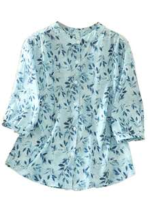 Women's Summer Blue Ditsy Floral Standing Collar Loose Casual Blouse Top