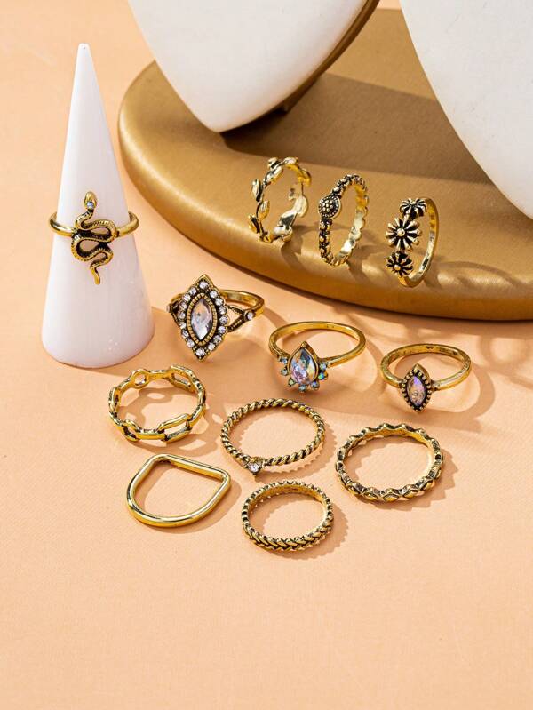 12pcs/Set Bohemian Style Snake, Floral, Geometric & Bow Design Rings For Women, Valentine's Day
