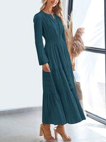 Women Fall Maxi Dresses Long Sleeve High Waist Tiered Flowy A-Line Boho Bohemian Long Dress Beach Holiday Vacation Wedding Guest Valentine Outfit - 湖藍色 - 查看 4