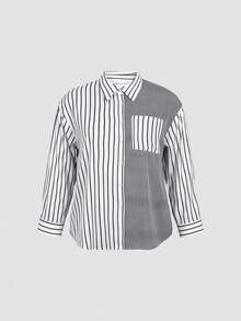 ii Plus Size Women's Long Sleeve Single Breasted Stylish Minimalist Striped Longline Shirt