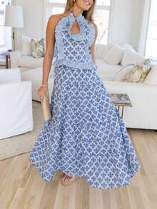 Women Ruffle Maxi Skirt Set Halter Ruched Crop Top Flowy Long Skirt Y2K 2 Piece Summer Outfit Floral Draped Crop Tops Sleeveless Backless Long Dress - Màu xanh lam - Xem 1