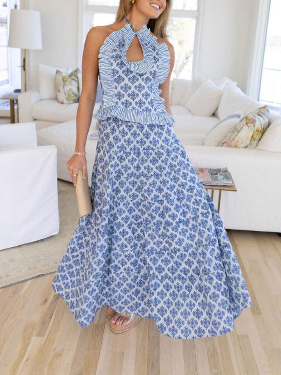 Women Ruffle Maxi Skirt Set Halter Ruched Crop Top Flowy Long Skirt Y2K 2 Piece Summer Outfit Floral Draped Crop Tops Sleeveless Backless Long Dress - Màu xanh lam - Xem 1