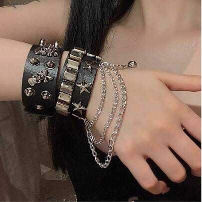 2 件朋克铆钉星形 PU 皮革手链，适合男女嘻哈哥特式暗黑女孩摇滚珠宝手镯爱心链嘻哈配饰