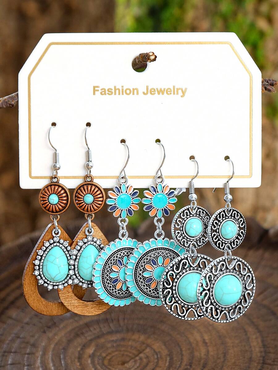 TopHanqi 3 Paar modische Ohrringe Set für Damen, vintage silberne Türkis-Hängeohrringe, einzigartige geometrische runde und Blumen-Statement-Ohrringe, für den Alltag, Partys, als Geschenk, für alle Jahreszeiten