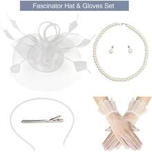 Ibeauti Fascinator Hats With Screentouch Lace Gloves Set Women Tea Party Cocktail Wedding Derby Headwear Short Gloves - 07 白色 - 查看 2
