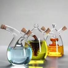 1pc Double Nozzle Glass Olive Oil And Vinegar Dispenser Oil Bottle, Cork 2 In 1 Clear Double Glass Kitchen Cooking Container, Suitable For Kitchen, Dining Room,School Supplies