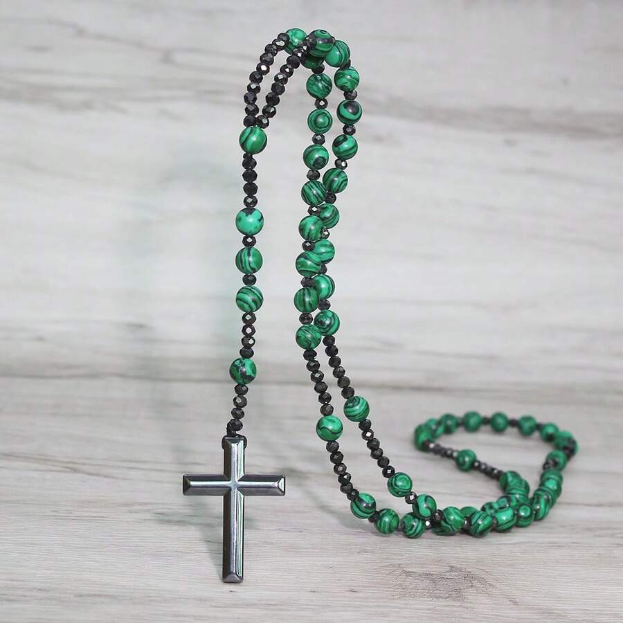 1pc Fashion Retro Style Jewelry, Natural Stone Round Beads Malachite Hematite Cross Religious Rosary Beads Men's Long For Daily Wear - Green - View 1