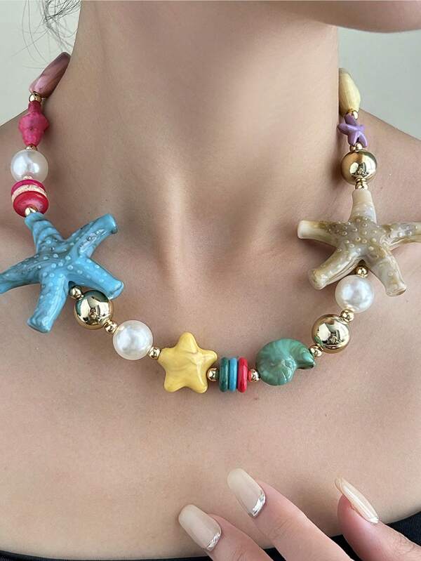 1Pc Dopamine Colored Bead Star Pendant Necklace For Women's Seaside Vacation Style, Versatile With Pull-Out Collarbone Chain And Neck Chain, Jewelry Necklace