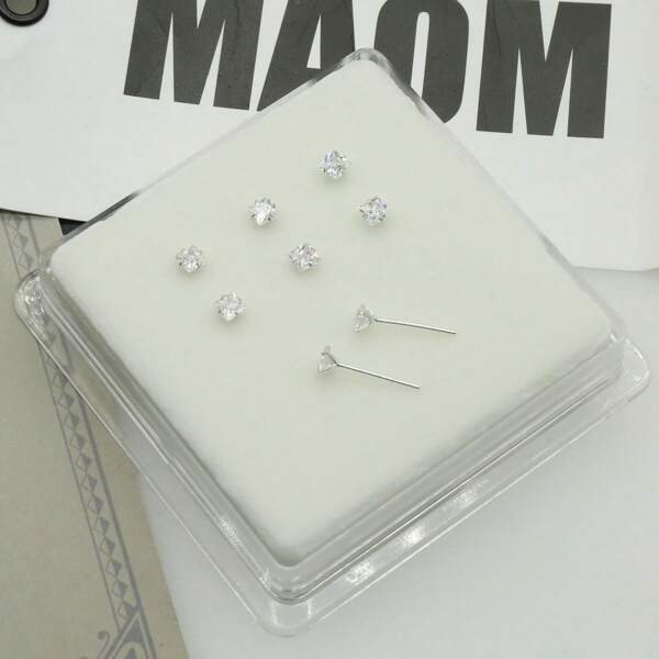 6pcs Mini 925 Sterling Silver Hypoallergenic Cubic Zirconia Nose Studs, Minimalist Square 3.0mm CZ Pure Silver Nose Piercing