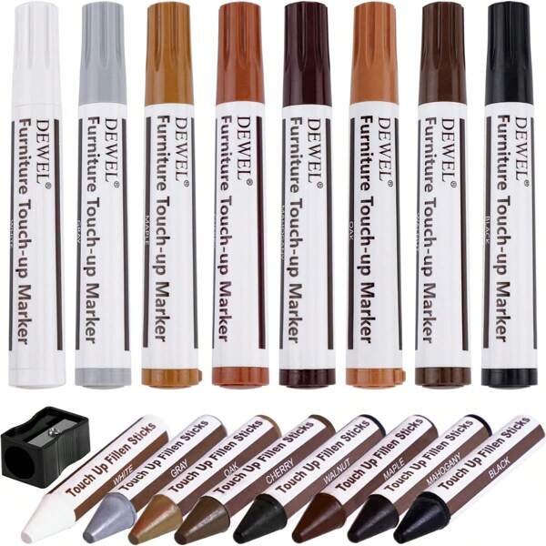 DEWEL DEWEL Flooring Repair, Floor/Door Repair, Scratch, Hole, Paint Peel Repair, Scratch Removal, Scratch Concealment, Wooden Furniture Repair Set, Furniture Repair Marker, Repair Pen, Repair Stick, 8 Colors, Set Of 16, Core Sharpener Included