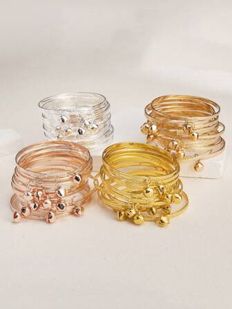 12pcs Girls & Teens Jingle Bell Bracelets, Suitable For Daily Wear