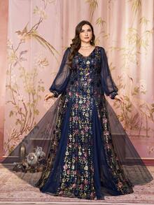 [Mẫu in ngẫu nhiên] Đầm dạ hội dài ôm sát người, cổ chữ V, tay phồng, đính sequin phối màu tương phản của UNITHORSE dành cho nữ. - Màu xanh hải quân - Xem 3