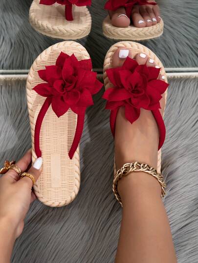 Ladies' Fashion Floral Peony Design Woven Sandals, Red, Flat Bottom Casual Beach Slippers With Straw Sole