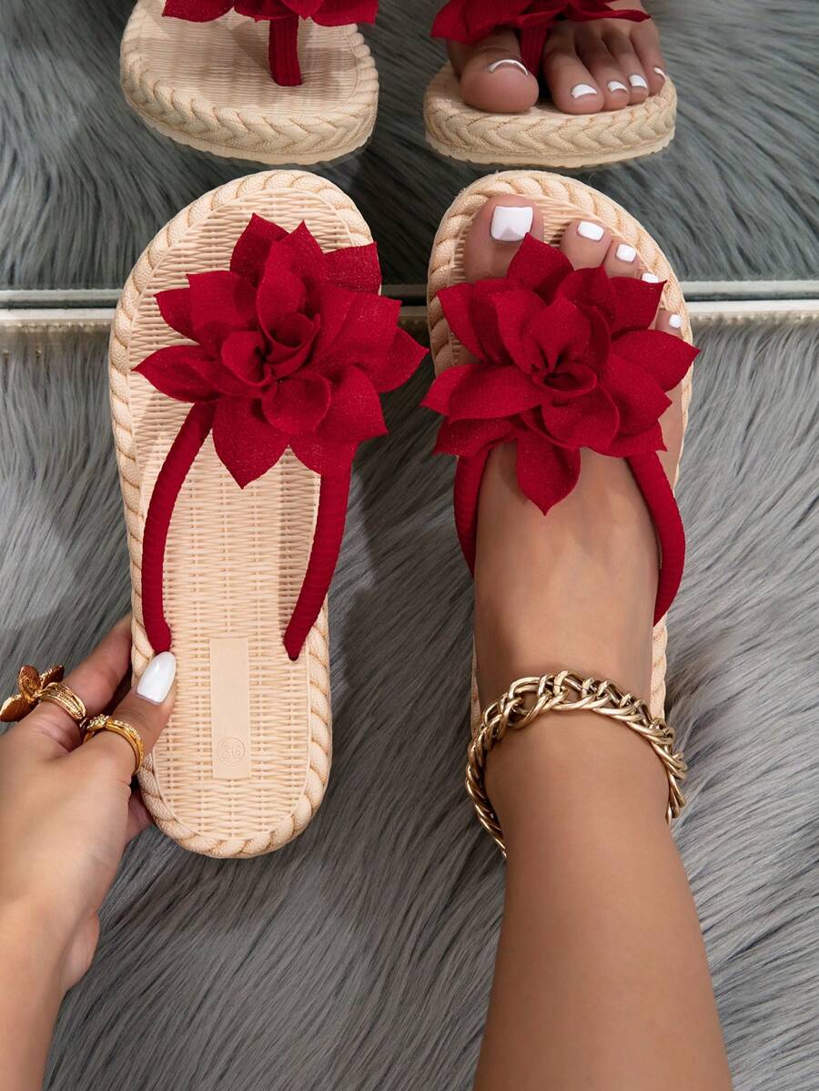 Ladies' Fashion Floral Peony Design Woven Sandals, Red, Flat Bottom Casual Beach Slippers With Straw Sole