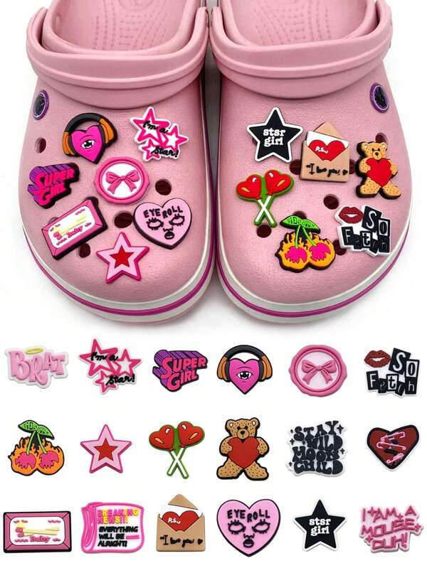 18 piezas Moda lindo estilo Y2K Adornos rosas para zapatos tipo zuecos, Accesorios de charms de sandalias de dibujos animados, Decoración de zapatos para mujeres y hombres, Regalo de fiesta