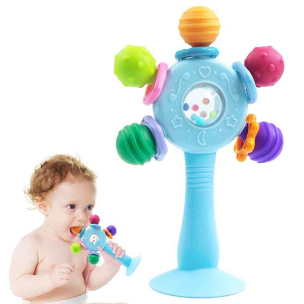 Hochet bébé avec ventouse - Anneau de dentition - Design anti-étranglement, renforcement de la préhension, convient pour le développement de l'audition et des dents